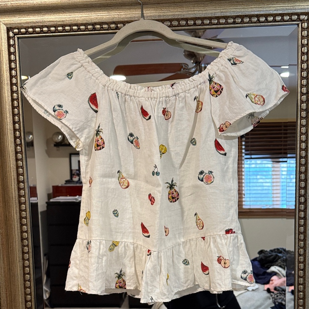 ZARA Linen Off-Shoulder Top with Fruit Print